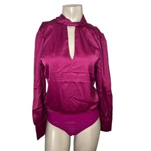 Lulus Magenta Satin Long Sleeve Bodysuit